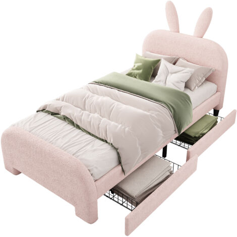 Lit enfant rembourré Plush/MDF rose 90x200 cm, tête de lit lapin cartoon, 2 tiroirs, sommier à lattes inclus