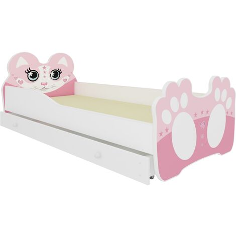 Lit enfant rose avec motif petit chat rose - Matelas inclus - Tiroir de rangement-80x160
