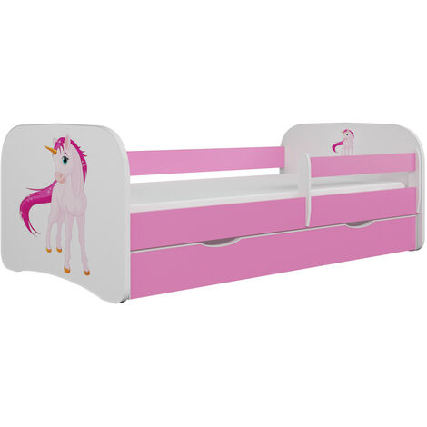 Lit enfant rose Licorne avec sommiers et barrière de sécurité amovible Drimy-80x180