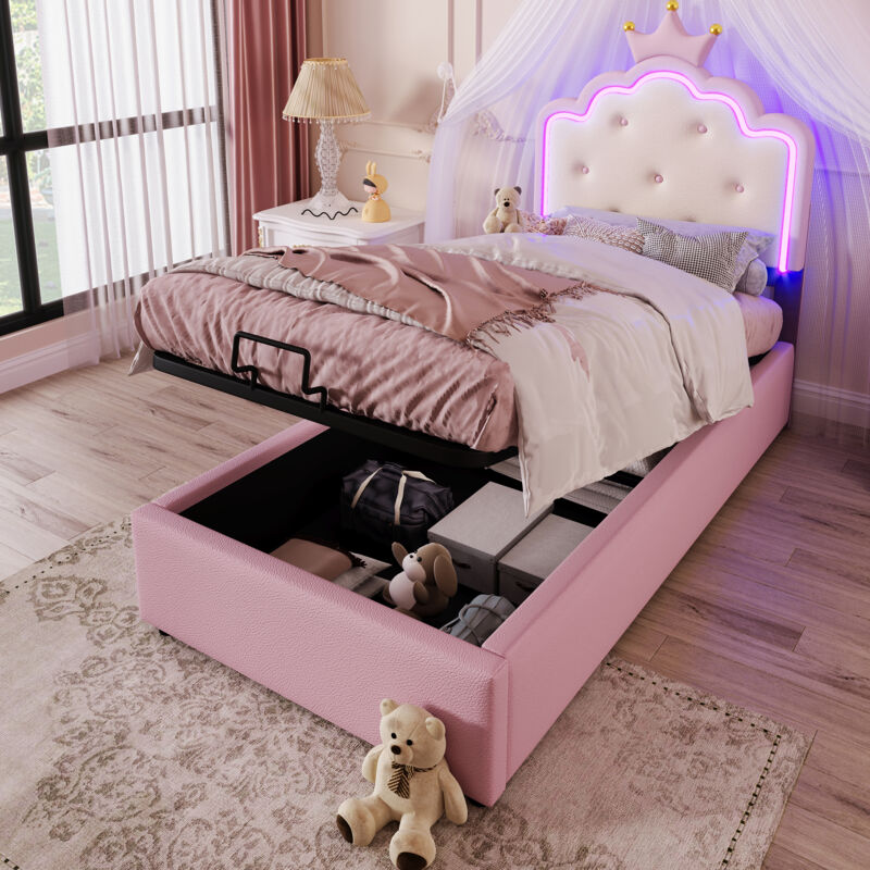 Lit enfant rose 90x200cm, lit coffre, hydraulique, LED, forme princesse, PU, ​​sans matelas