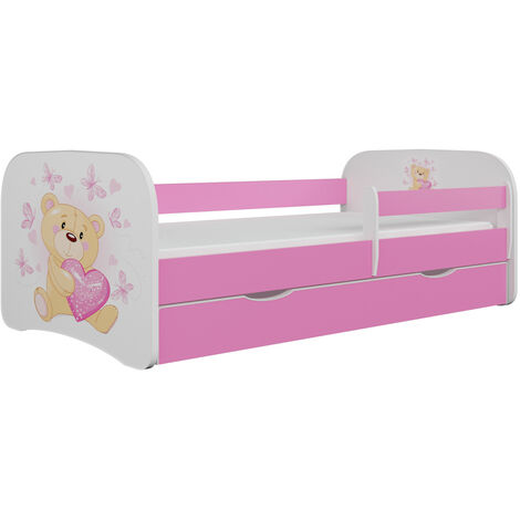 Lit enfant rose papillons avec sommiers et barrière de sécurité amovible Drimy-Matelas mousse-70x140