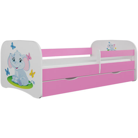 Lit enfant rose petit éléphant avec sommiers et barrière de sécurité amovible Drimy-70x140