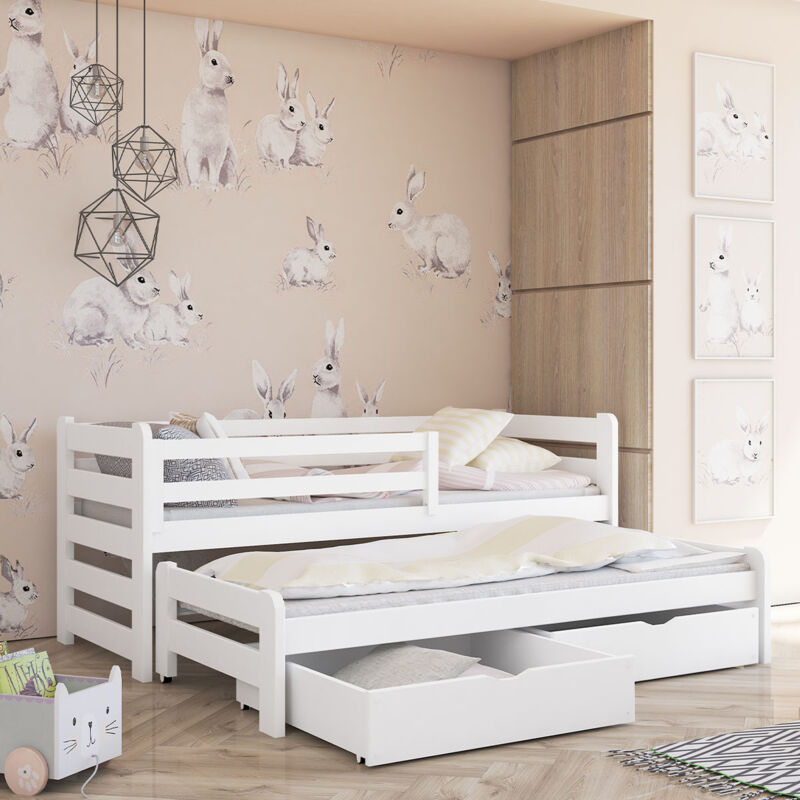 Viking Choice - Lit 90x200 sommier lit gigogne et tiroirs inclus Jordan Blanc