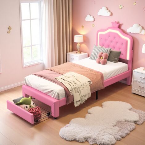 Lit Enfant simple 90x200 avec Tiroir – Lit Princesse Éclairage LED, Tête de Lit Couronne, Sommier à Lattes – Scandinave, Rose