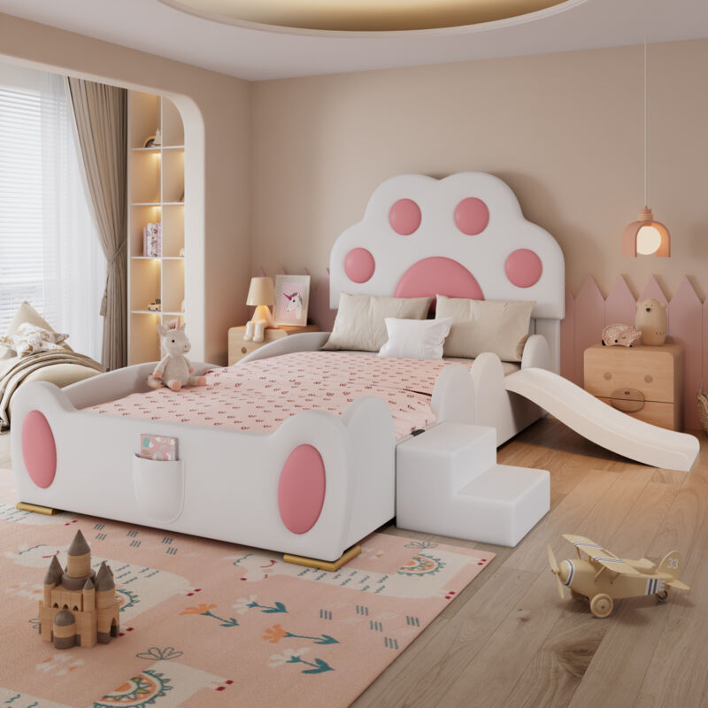 Lit enfant simple 90x200 cm, avec toboggan, tête de lit en forme de patte de chat cartoon, PU, ​​sans matelas, rose + blanc