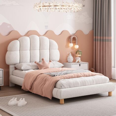 Lit enfant simple 90x200cm rembourré en tissu bouclette - tête de lit en forme de guimauve - avec sommier à lattes en MDF - Blanc