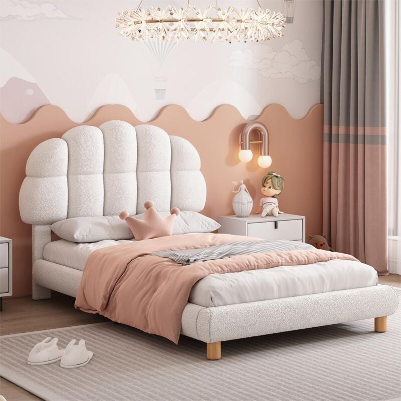 Modernluxe - Lit enfant simple 90x200cm rembourré en tissu bouclette - tête de lit en forme de guimauve - avec sommier à lattes en mdf - Blanc