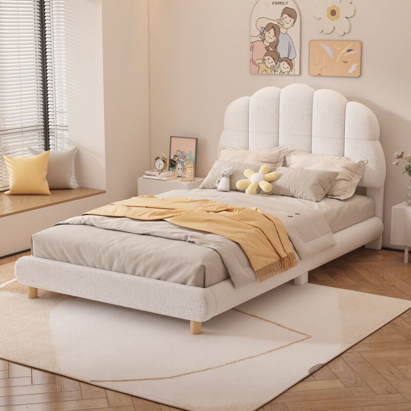Modernluxe - Lit enfant simple 90x200cm rembourré en tissu peluche - avec sommier à lattes en mdf - Beige