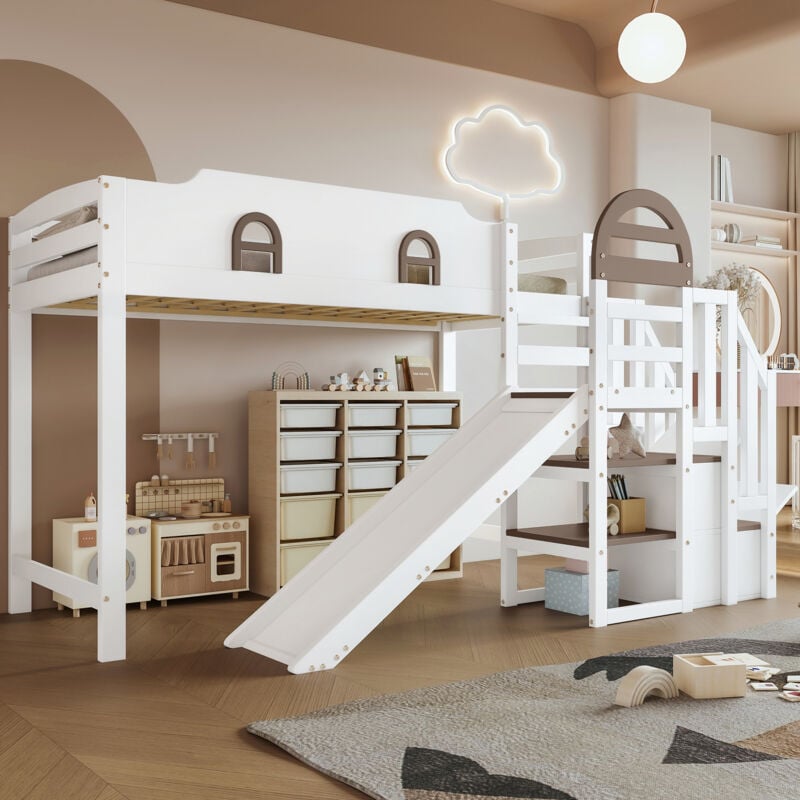Redom - Lit enfant superposé 90x200 cm, avec toboggan enfant, escalier avec rampe, avec 2 casiers dans l'escalier, pin+MDF, blanc+marron