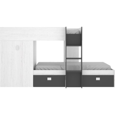 Lit enfant superposé avec armoire et 2 tiroirs coloris Blanc, graphite - Longueur 271 x Profondeur 111 x Hauteur 150 cm