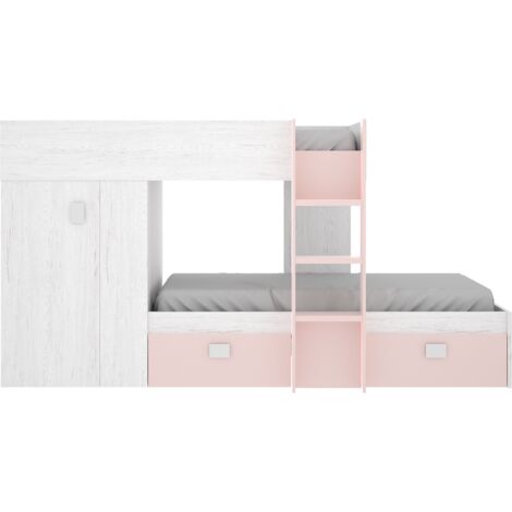 Lit enfant superposé avec armoire et 2 tiroirs coloris Blanc, rose - Longueur 271 x Profondeur 111 x Hauteur 150 cm