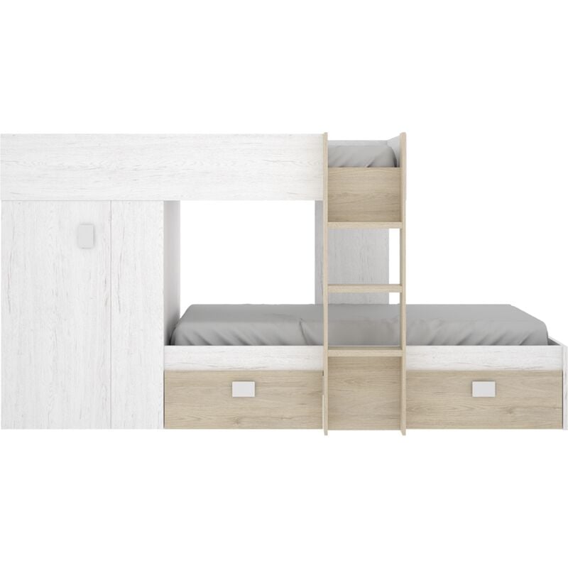 Lit enfant superposé avec armoire et 2 tiroirs coloris chêne naturel, imitation lamelles, blanc - Longueur 271 x Profondeur 111 x Hauteur 150 cm