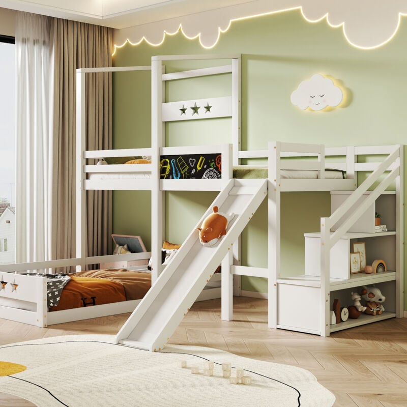 Lit enfant superposé 90 x 200 cm avec toboggan, lit mezzanine avec escalier et protection antichute, 2 sommier à lattes, blanc