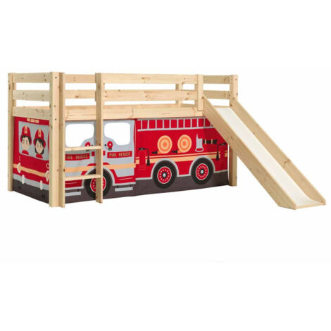 Lit Enfant Surélevé Avec Toboggan "Pino Fire Truck" 90x200cm Naturel