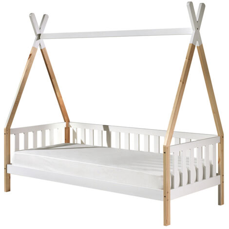 Lit enfant tipi avec barrière 90x200 cm en pin blanc et naturel - INDY