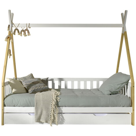 Lit enfant tipi avec barrière et tiroir en pin blanc et naturel - INDY