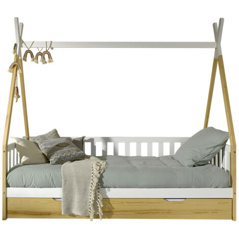Lit enfant tipi avec barrière et tiroir en pin naturel et blanc - INDY