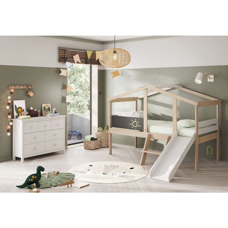Pegane - Lit enfant Tobogan en pin et mdf coloris blanc, gris anthracite - Longueur 204,9 x Profondeur 187,3 x Hauteur 147 cm