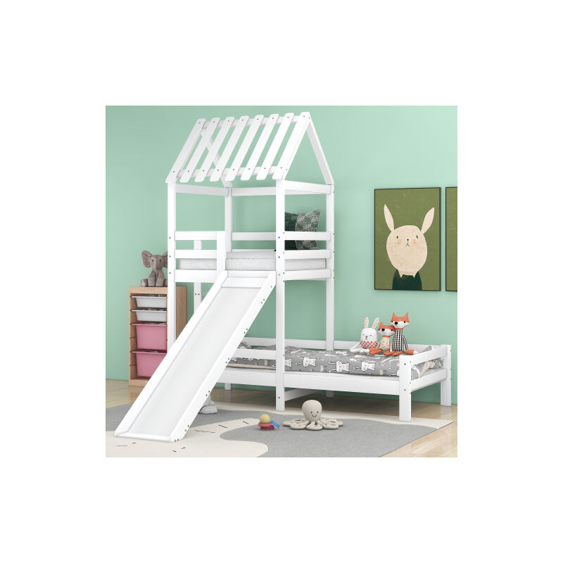 Liberté - Lit enfant toboggan avec échelle à angle droit, lit cabane avec tour de jeu et protection contre les chutes, cadre en pin massif, blanc