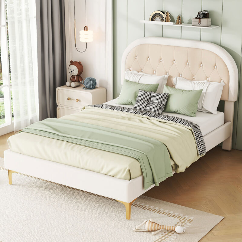 Lit enfant, velours, sommier à lattes, lit simple avec pieds en métal, forme simple, sans matelas, beige, 140x200 cm
