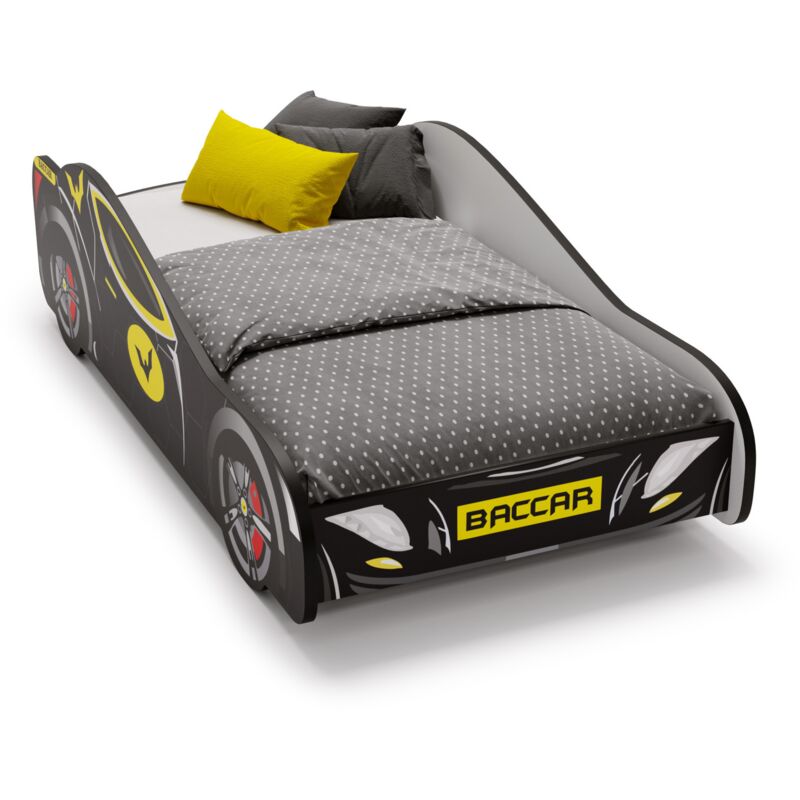 Lit enfant voiture BACCAR BLACK 160x80, avec matelas et sommier, multicolore pour garçon, pour chambre d'enfant