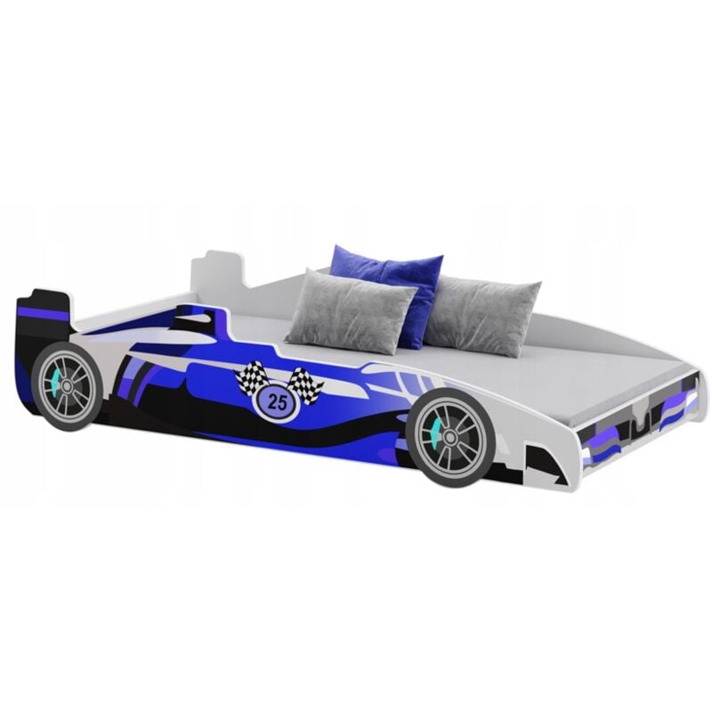 Lit enfant voiture formula 1 bleu et noir avec matelas et sommier inclus