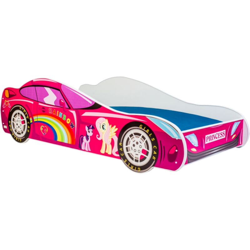 Lit enfant voiture rose 160x80, avec matelas et sommier, multicolore pour fille, pour chambre d'enfant