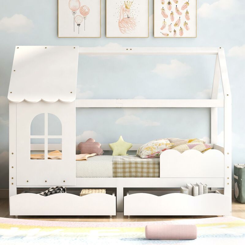 Lit cabane enfant 90 x 200 cm avec 2 tiroirs, fenêtre, sommier à lattes en pin, protection antichute - Blanc - Blanc