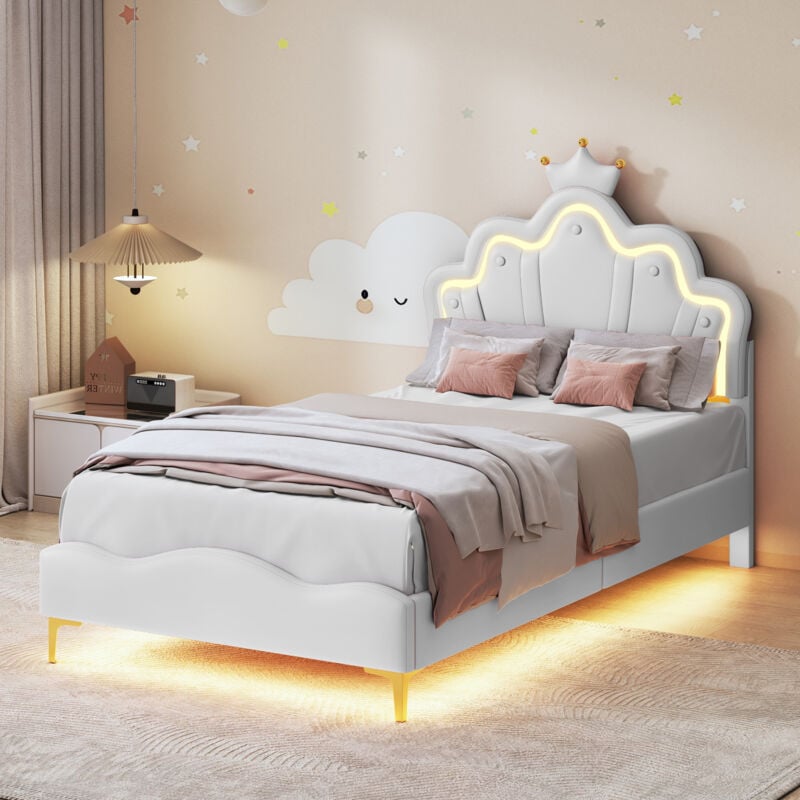 Lit enfant 90x200,lit princesse en forme de couronne, lit capitonné simple avec sommier à lattes,LED réglable, PU,blanc