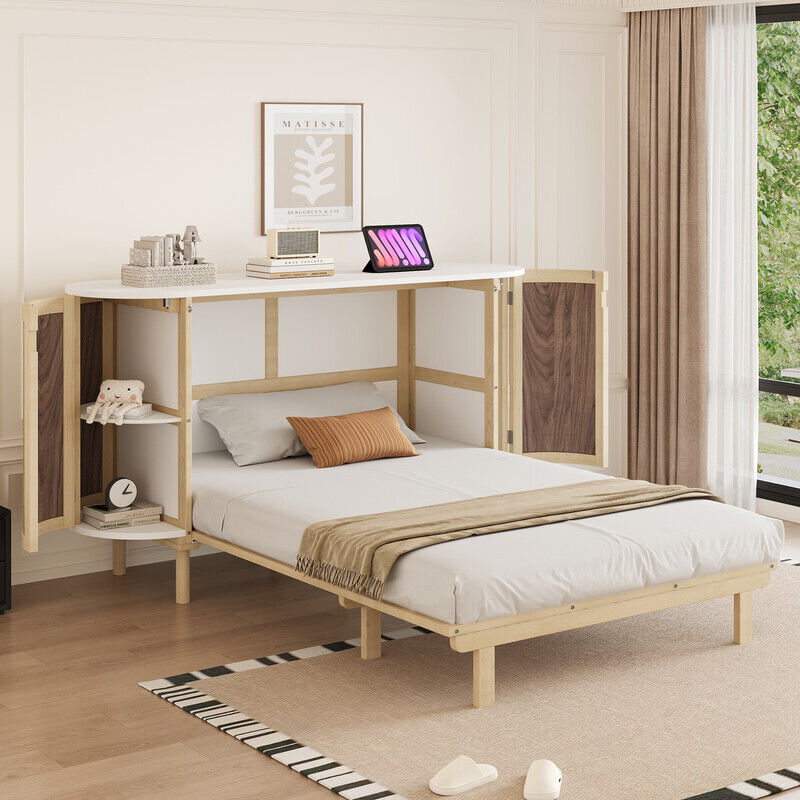 Lit escamotable 140 x 200 cm - avec compartiments de rangement - naturel (matelas non inclus)
