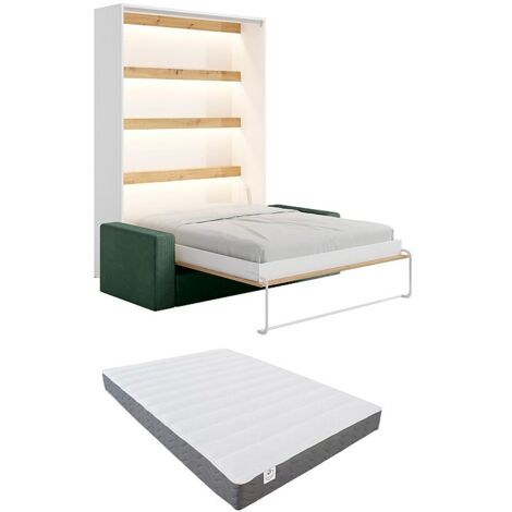 Lit escamotable 140 x 200 cm - Ouverture verticale manuelle - Avec LEDs - Blanc et naturel + Matelas + Canapé Vert - RAPILI