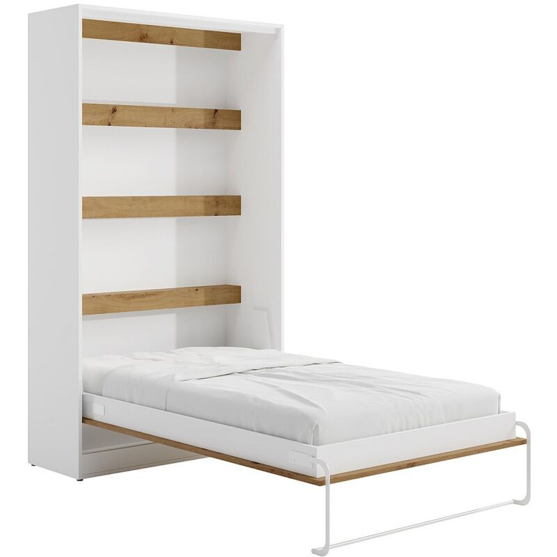 Vente-unique - Lit escamotable 120 x 200 cm - Ouverture verticale manuelle - Avec LEDs - Blanc et naturel - rapili