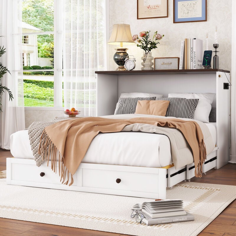 Redom - Lit escamotable, 140 x 200, lit armoire mobile avec tiroirs en bout de lit et étagère en tête de lit, avec usb et prise, lit plateforme