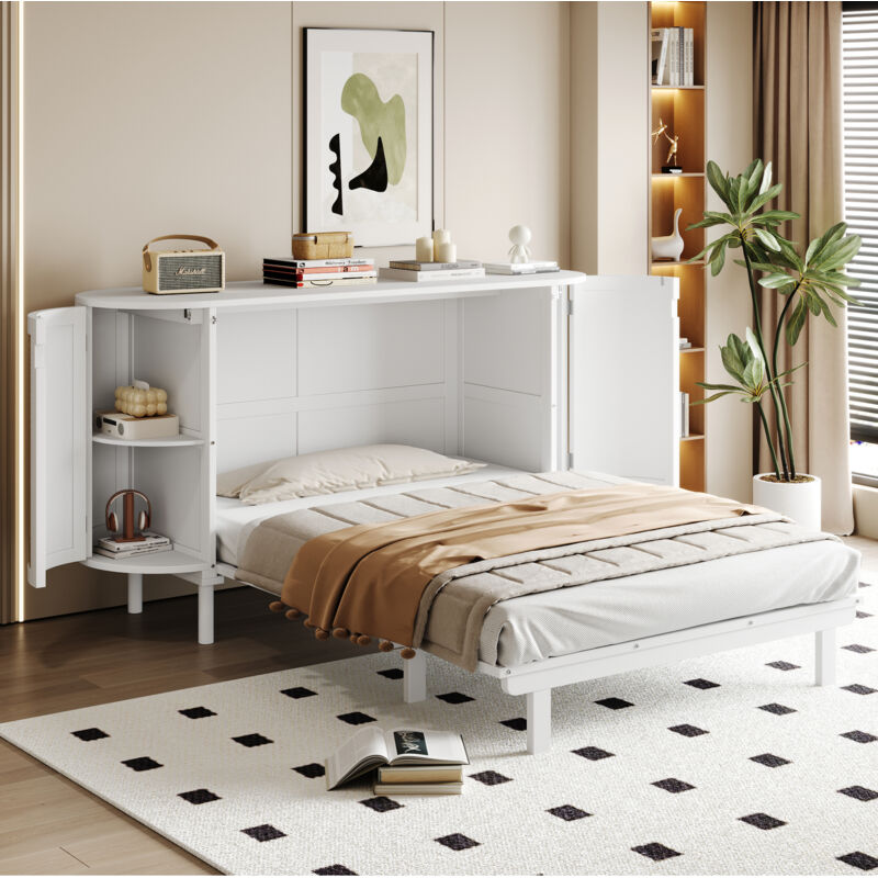 Lit Escamotable 140×200 cm, Lit Double avec Rangements, Étagères et Design Rotin, sans Matelas, en Bois, Blanc