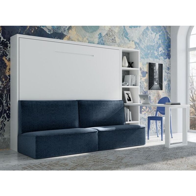 lit escamotable 140x190 cm avec canape tissu logia - structure et facade blanche canape 23 bleu marine version lit+canape