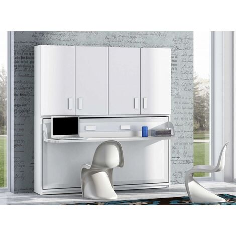 Lit escamotable 140x190 P 53cm chêne blanchi avec étagères et bureau Miko