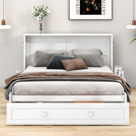 Lit escamotable 140x200 cm avec rangements, tiroirs au pied et petite étagère sur le côté, sans matelas, blanc