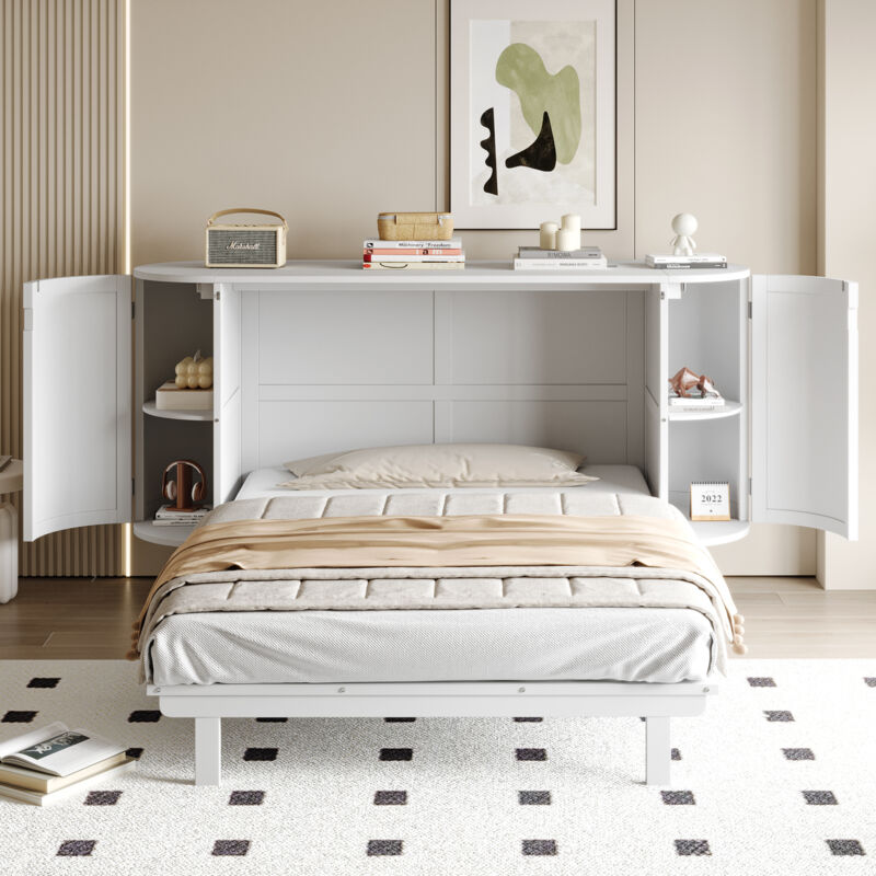 Lit escamotable 140x200 mural blanc, sommier inclus, design cannage rotin, rangements intégrés