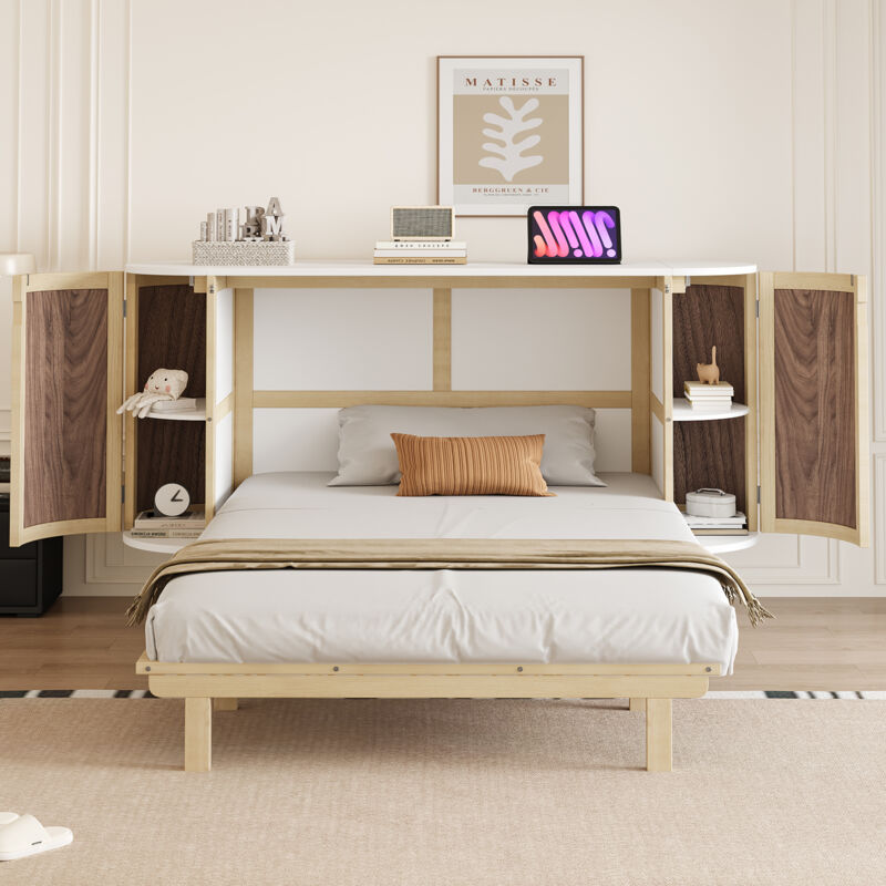 Lit escamotable 140x200 mural bois, sommier inclus, design cannage rotin, rangements intégrés