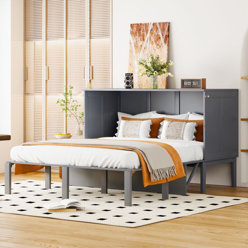 Dans Les Nuages - Lit escamotable 140x200cm, avec étagères, compartiments de rangement, sommier à lattes en bois, lit simple pliable - Gris