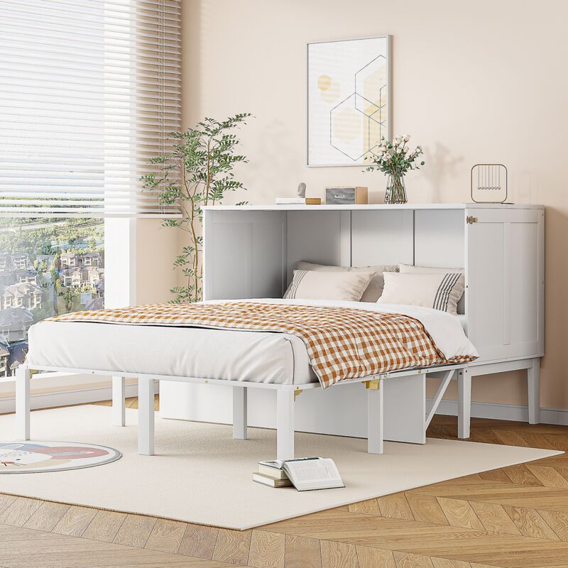 Dans Les Nuages - Lit escamotable 140x200cm, avec étagères, compartiments de rangement, sommier à lattes en bois, lit simple pliable - Blanc