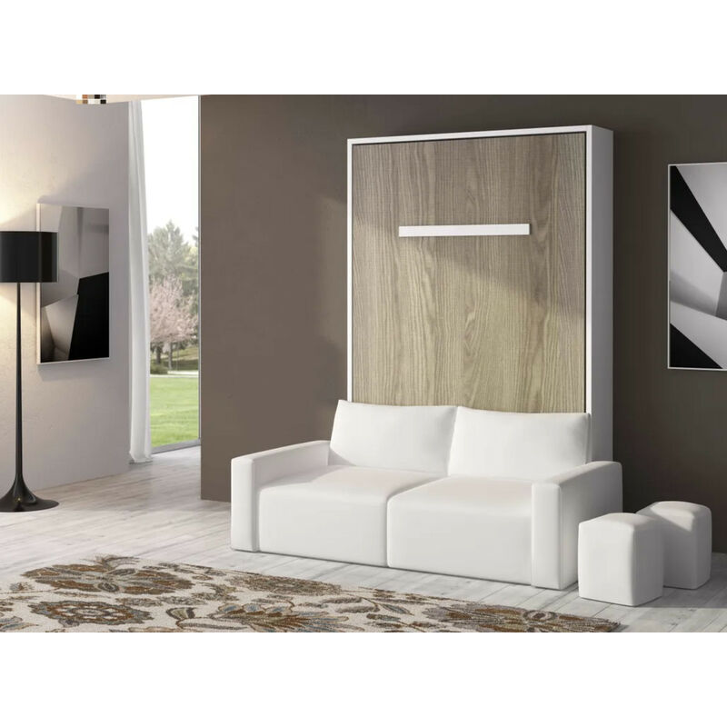 Lit escamotable 150x190 cm avec canapé coffre tissu Espacia - Canapé Blanc - Façade Frêne 3D - Matelas Sans matelas