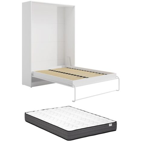 Lit escamotable 160 x 200 cm - Ouverture verticale manuelle - Blanc + Matelas - BEGANIO