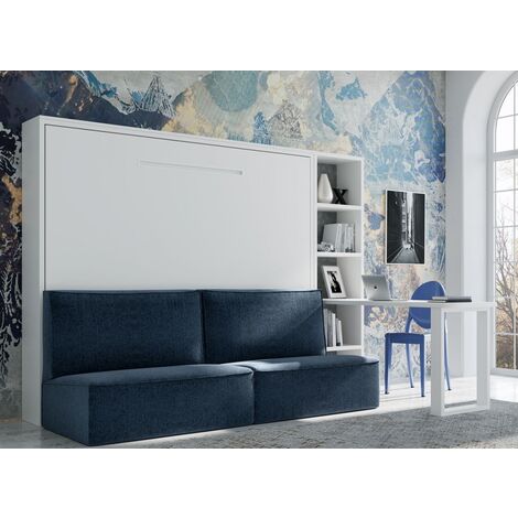 Lit escamotable 160x200 avec canapé tissu Logia-Canapé Bleu canard-Structure et Façade Blanche-Version lit+canapé
