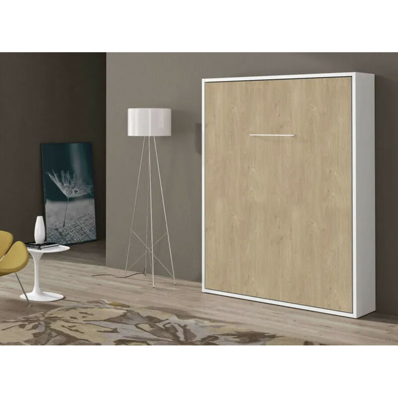 Lit escamotable vertical 160x200 Kola-Coffrage Frêne 3D-Façade Blanche