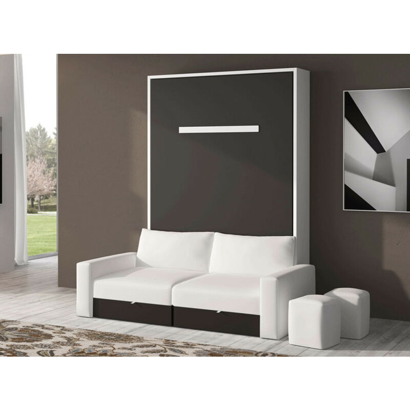 Lit escamotable 80x180 cm avec canapé coffre tissu Espacia - Façade Frêne 3D - Canapé Marron - Matelas Matelas mousse 18 cm