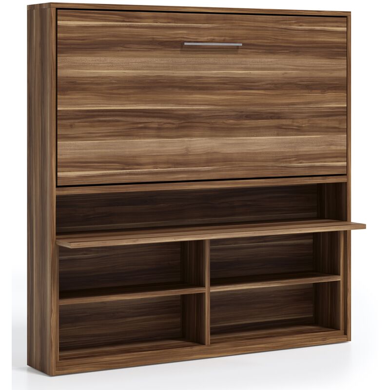 Lit escamotable horizontal 80x190 cm avec rangement et bureau Laura - Coffrage Blanc - Façade Parme - Matelas Sans matelas