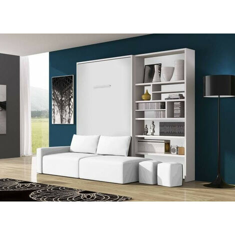 Lit escamotable 90x190 avec canapé et bibliothèque Moba-Coffrage Hêtre-Façade Hêtre-Canapé Beige