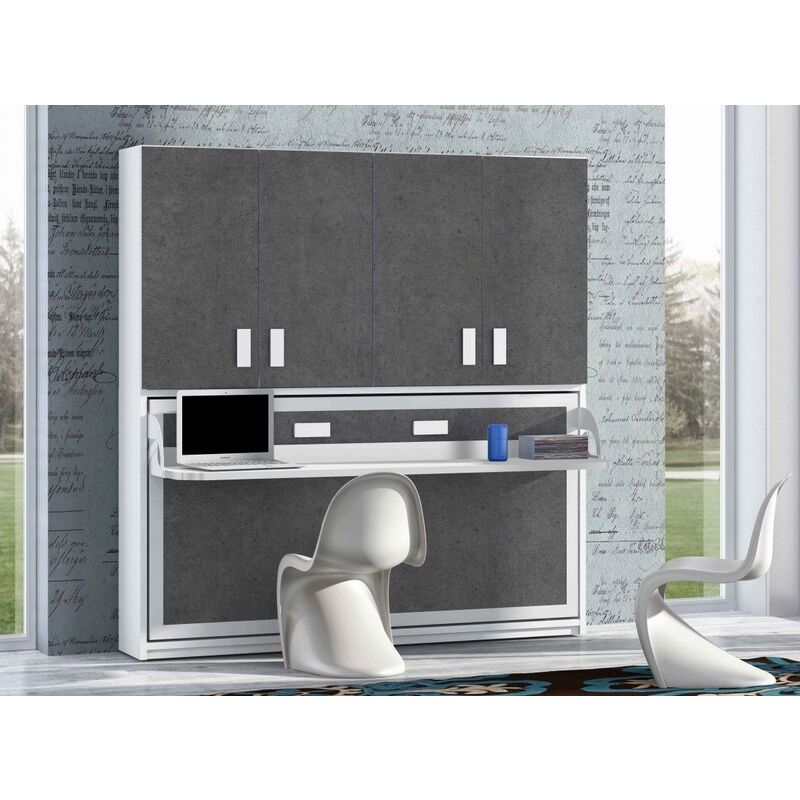 Les Tendances - Lit escamotable 90x190 cm P 53 cm gris béton avec étagères et bureau Miko