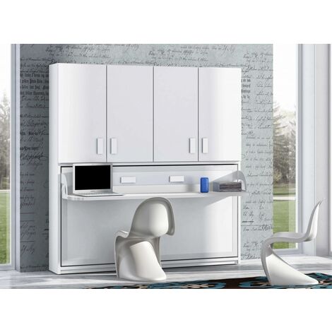 Lit escamotable 90x190 P 34cm blanc satiné avec étagères et bureau Miko